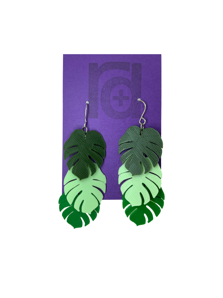 3D Printed Monstera Frond Earrings || Sustainable Jewelry form R+D